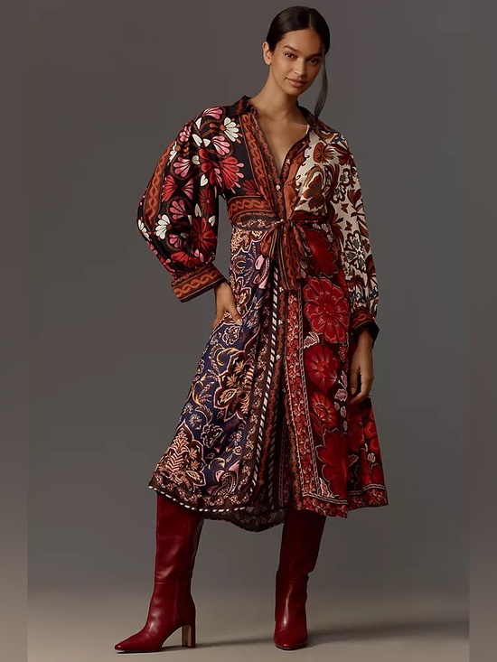 FARM Rio Dresses & Skirts - Farm Rio Miranda Long Sleeve Floral Faux Wrap Midi Dress Button Front L Chemise